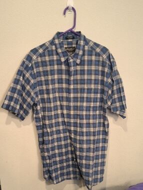 Eddie Bauer Blue and White Plaid Short-Sleeve Button-Down Shirt Men's Large Tall